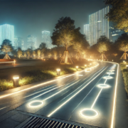 Chemin illuminé par un balisage lumineux au sol dans un cadre urbain nocturne