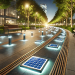 Balisage lumineux solaire illuminant un chemin urbain de nuit avec des panneaux solaires intégrés