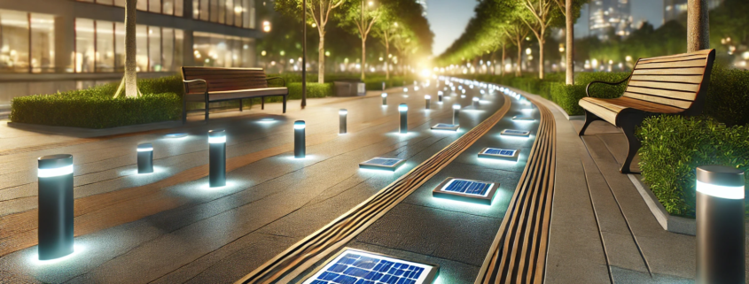 Balisage lumineux solaire illuminant un chemin urbain de nuit avec des panneaux solaires intégrés