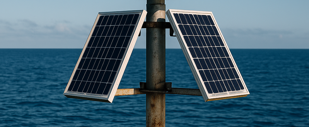 Balise marine solaire au large, équipée de panneaux photovoltaïques et d’un feu vert, sur fond d’océan calme et ciel bleu