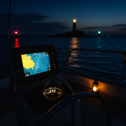 Vue nocturne depuis la barre d’un voilier, avec compas, GPS affichant une carte marine et trois feux de navigation visibles au loin