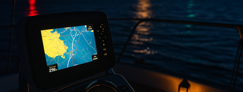 Vue nocturne depuis la barre d’un voilier, avec compas, GPS affichant une carte marine et trois feux de navigation visibles au loin