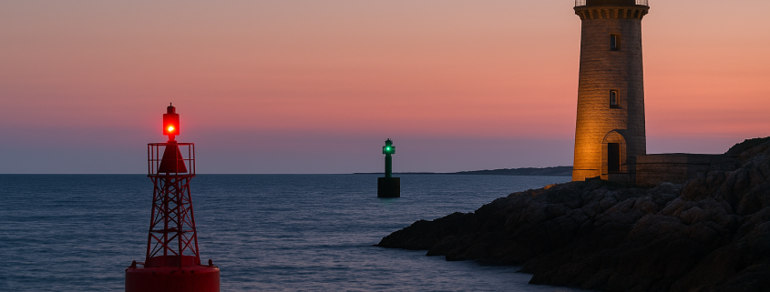 Phare en pierre allumé au crépuscule, accompagné d’une bouée rouge et d’une balise verte, dans un paysage côtier paisible