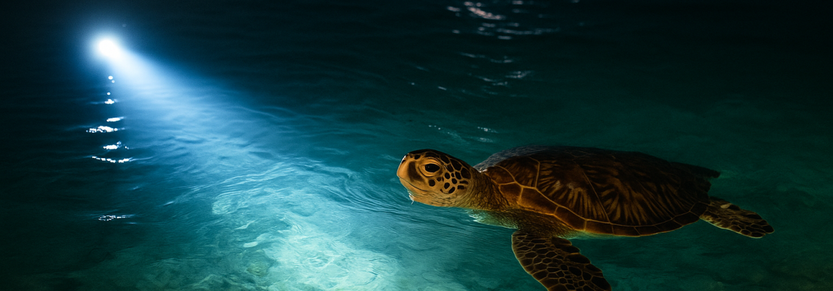 Tortue marine nageant sous la surface près d’une balise lumineuse immergée à spectre réduit, dans une mer calme au crépuscule