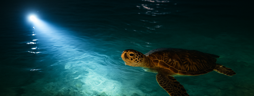 Tortue marine nageant sous la surface près d’une balise lumineuse immergée à spectre réduit, dans une mer calme au crépuscule