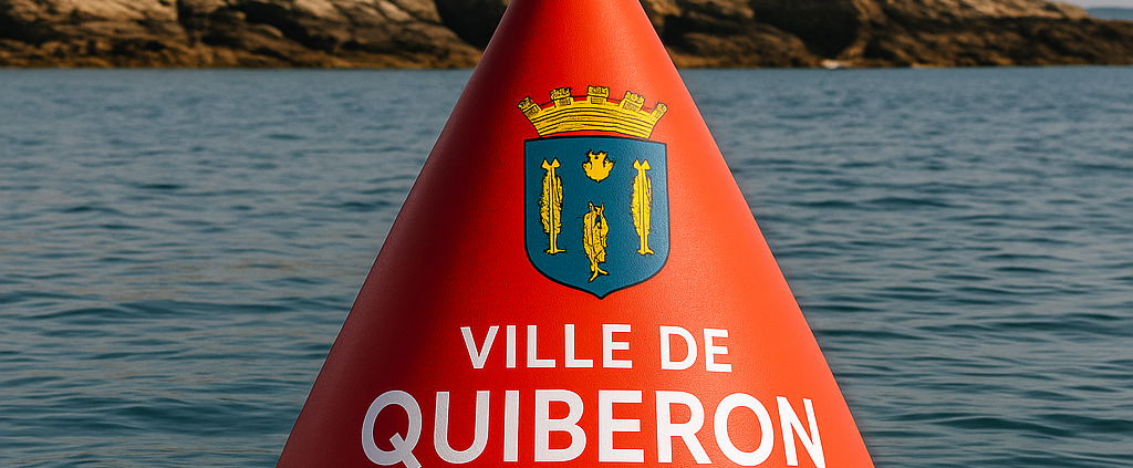 Bouée rouge personnalisée aux couleurs de la Ville de Quiberon flottant en mer, avec blason visible