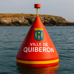 Bouée rouge personnalisée aux couleurs de la Ville de Quiberon flottant en mer, avec blason visible
