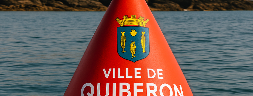Bouée rouge personnalisée aux couleurs de la Ville de Quiberon flottant en mer, avec blason visible