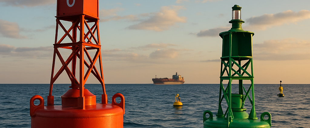 Navigation maritime au coucher du soleil avec balisage flottant en mer, illustrant les routes du commerce international