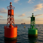 Navigation maritime au coucher du soleil avec balisage flottant en mer, illustrant les routes du commerce international