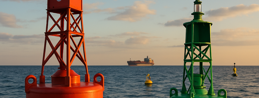 Navigation maritime au coucher du soleil avec balisage flottant en mer, illustrant les routes du commerce international