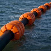 Flotteurs de drague orange fixés à une conduite flottante sur une mer agitée