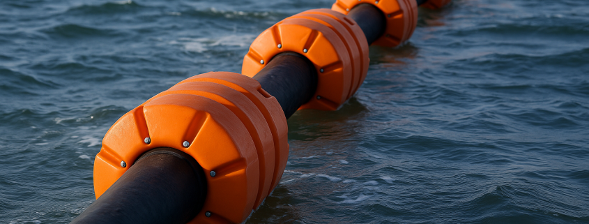 Flotteurs de drague orange fixés à une conduite flottante sur une mer agitée