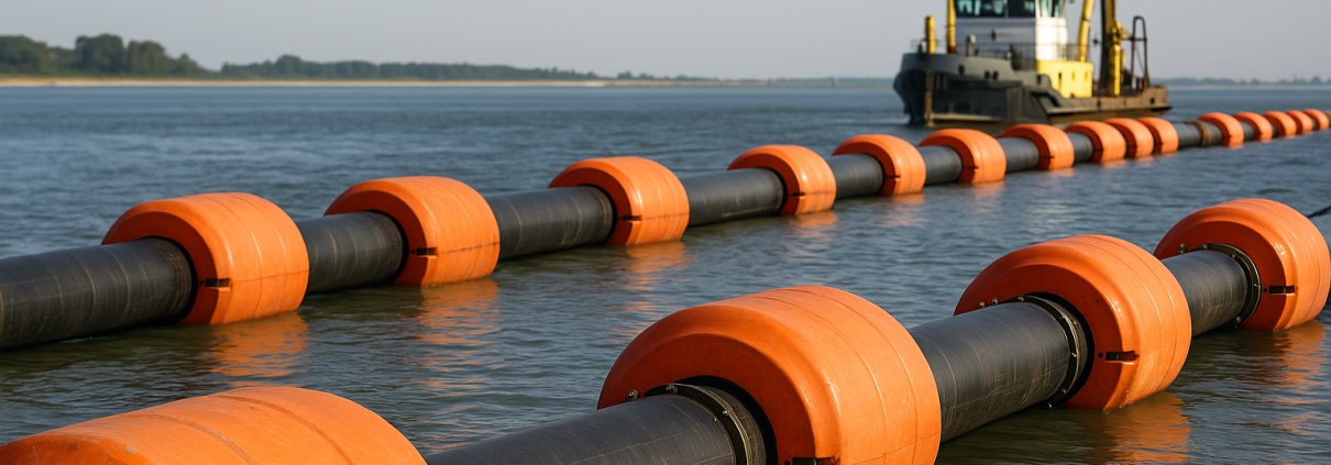 Flotteurs de drague orange soutenant des conduites flottantes reliées à un navire de chantier maritime