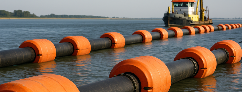 Flotteurs de drague orange soutenant des conduites flottantes reliées à un navire de chantier maritime