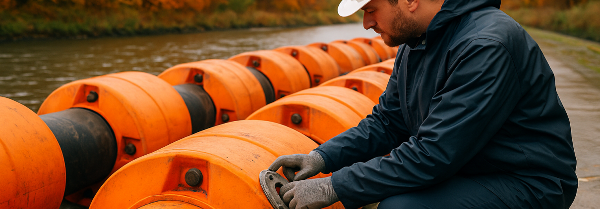 technicien inspectant des flotteurs de drague sur un quai en automne