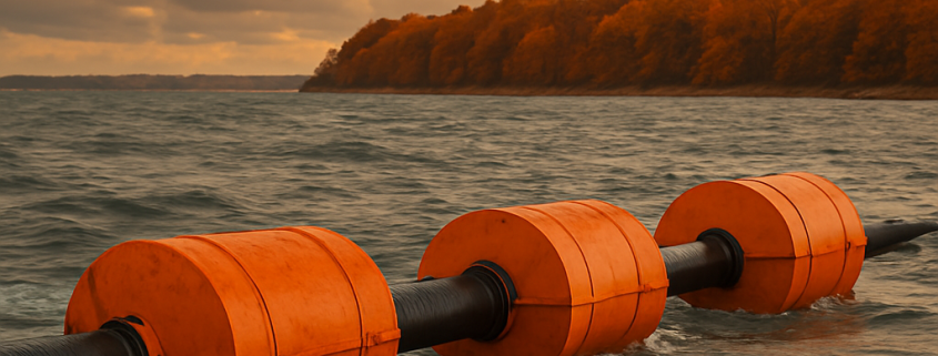 flotteurs de drague orange sur une mer agitée sous ciel d’automne