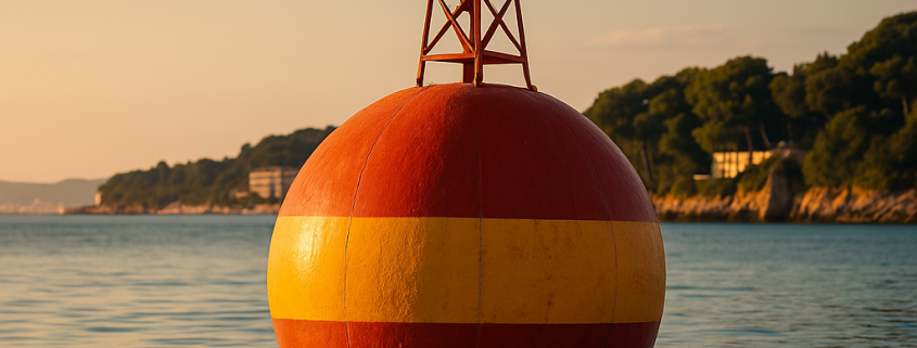 Bouée maritime colorée flottant sur une mer calme au coucher du soleil, près d’une côte boisée et touristique